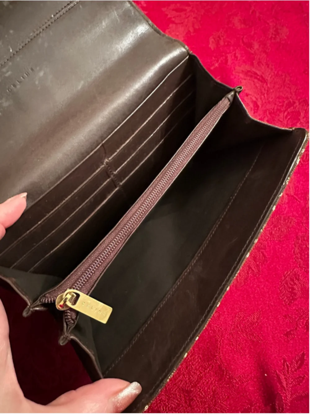 Celine Brown & Beige Canvas & Leather Monogram Long Wallet